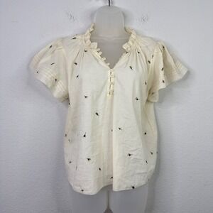 Industry Shirt Women M Ivory Embroidered Floral Ruffle Romantic Boho Cottagecore